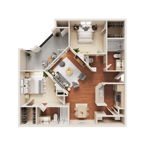 Floor plan for 2 beds, 2 baths, 1018 sqft